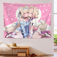 1pc Twin Dog Girl Pastel Tapestry Pink Paw Background Polyester Wall Hanging Cute Cartoon Decor for Bedroom Dorm Fan Home Decor