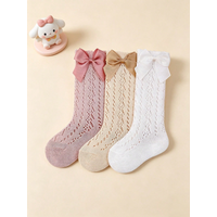 3 Pairs of Girls Cotton Bow Socks Hollow Breathable Princess Knee High Summer Toddler Meias Infantis Cute Bowknot Kids Sock Soft