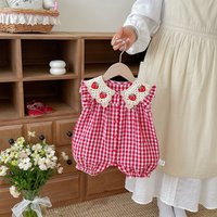 3-24M Summer Sweet Style Baby Bodysuit Strawberry Embroidery Collar Sleeveless Romper for Girls Red Plaid Infant Jumpsuit