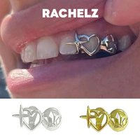 RACHELZ Y2K Vintage Double Hollow Heart Star Teeth Grillz Hip Hop Glossy Cross Tooth Caps For Women Men Jewelry Cosplay Gift