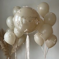 Sand white bow balloon set with beige ribbon bow decoration for birthdays, weddings, showers, holidays, parties, balloons