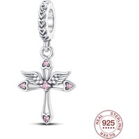 New 925 Sterling Silver Charms Pink Angel Wings Cross Pendant Jewelry Making For Original Bracelet Women Religious DIY Gifts