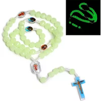 Glow in The Dark Rosary Necklace For Women Religion 10MM Luminous Rose Beads Chain INRI Crucifix Cross Pendant Prayer Jewelry