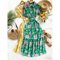 Women's Green Floral Print Button Down Short Sleeve Sundress Belted Waist Ruffled Hem Maxi Dress Summer Vacation Long Dress