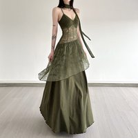 Forest Style Vintage Lace Patchwork Dress Women See Through Suspender Waist Cinching Sweet Korean Fashion Dress