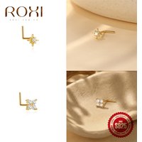 ROXI 1PC 925 Sterling Silver Shiny Zircon Nose Studs Flower Octagram Piercing Jewelry Womens Accessory Daily Banquet Dating Wear