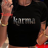90s Sexy Cropped T Shirt with Vintage Style Letter Karma Print Y2K Short Sleeve Tshirt for Summer Women's Crop Tops Clothes