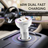 Dual Port 60W Car Charger USB C PD & USB A Fast Charging Auto Adapter 12V-24V Power Outlet For iPhone For Samsung