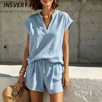 Summer Ladies V Neck Short Sleeve Shirt Drawstring Pocket Shorts Suit Women Casual Two Piece Set Holiday Outfits For Women
