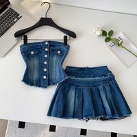 Two Pieces Women Denim Dress Set Solid Matching Sets Skinny Bodice Mini Lenth Pleated Skirt Slim Fit Elegant Casual 2026 Summer
