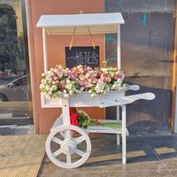 Rustic Wooden Cart Plant Stand, Farmhouse Flower Shelf for Balcony & Tea Shop, Decorative Trolley for Living Room Decor