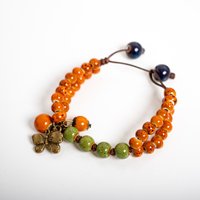Orange Green Ceramic Bracelet with Butterfly Charm Handmade Beaded Jewelry Vintage Natural Style Fixed Size for Daily Wear Gift