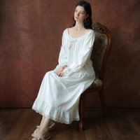 Women Autumn Spring Full Sleeves Loose Nightdress Princess Sweet Lace Roung Neck Long Nightgowns Women Plus Size Cotton Nightie