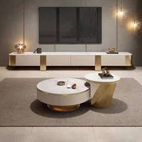 Modern Simple TV Cabinet Complete High Foot Cabinet Luxury Rock Plate Round Coffee Table Set