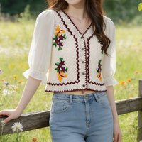 Floral Embroidery Crochet Cardigan Women Sheer Sleeve Button-up Open Stitch Crop Top Spring Summer Cottagecore Boho FestivalWear