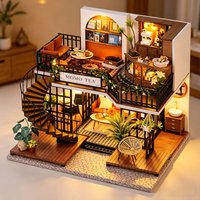 Zuuton 3D MOMO TEA Cafe DIY Dollhouse Kit Wooden Miniature House with LED Light Easy Assembly Craft Gift for Home Decoration