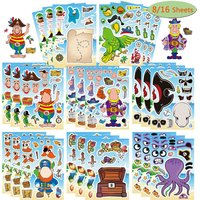 8/16Sheets Cool Pirate Make a Face Puzzle Stickers Decals Kids Assemble Jigsaw Games Funny Children DIY Toys Party Decoration