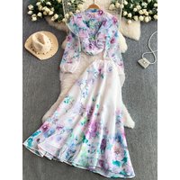 Vacation Style Sweet Print Ruffle Sleeve Shirt Casual High Waist Slimming Midi Skirt Two Piece Set Women's Fashion Spring Outfit