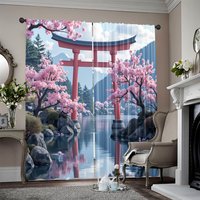 2pcs, 2D flat printing Party Window Curtains Sakura Torii Gate Japanese Art Blackout Polyester Birthday Party for aesthetic room