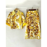 Retro geometric print lapel shirt two-piece set 2026 spring and summer women's clothing + elastic waist loose skirt fashion suit