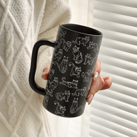 420ml Large Capacity Tall Ceramic Coffee Mug Cute Cat Pattern Black White Porcelain Mugs 14.78oz Tea Milk Water Cup Gift