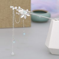 Womens Crystal Hair Clasp Flowers Shape Design Y2K Silver Step Shake Hanfu Hair Stick with Tassel Headwear Hairpins Jewelry