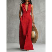 Freeacy Women Sleeveless Shirt Collar Maxi Dress 2026 Summer Solid Red Button Front Slim Fit Cotton Blended Vacation Dresses