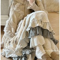 MEXZT Vintage Midi Skirt Women Kawaii Lace Plaid Patchwork Skirts Winter Harajuku Korean Ruffles High Waist Casual A Line Faldas
