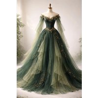 Forest Green Fairycore Wedding Dress Glamorous Glam Off-Shoulder Bridal Gown with Sparkling Appliqué Cosplay Prom Dress