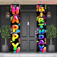 2D Colorful Splash Ink Happy Birthday Porch Banners 1 Pair, Trendy Graffiti Decor for Teens Adults Party KTV Bar Events