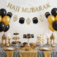 1 set Hajj Mubarak Banner Kaaba Pattern Black Gold Paper Banner For Islamic Hajj Pilgrimage Eid al-Adha Party Decoration Bunting