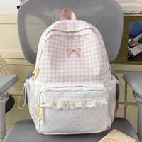 Sweet Pink Gingham Polka Dot Backpack Girls Lace Bow Embroidery Student School Bag Large Capacity Travel Shoulder Bookbag
