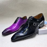 Luxury Men's Genuine Leather Brogue Oxford Shoes Lace-Up Black/Purple Dress Shoes for Wedding Party Business Formal Occasions