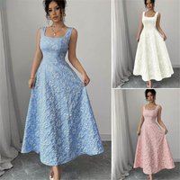Elegant Long Dress LinJ New Style Floral Embroidery Square Collar Sleeveless Waist Cinched Full Skirt Casual European Style