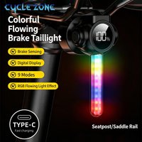 Smart Sensing Bike Rear Light Multicolor Power Display Tail Lamp Type-C Rechargeable Safety Warning Taillight with Dual Bracket