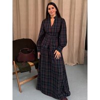 HH Woman Skirt Suit Fashion Plaid Long Sleeves Single Breasted V Collar Shirt Tops+Chic High Waist Zipper Pleated Long Skirt