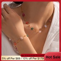 Kolmnsta Exquisite Colorful Flower Chain Necklace Bracelet Set For Women Gold Plated Titanium Steel Daisy Choker Necklace Gift