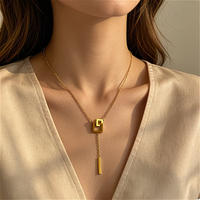 1pc Geometric Square Tassel Necklace Stainless Steel Long Clavicle Pendant Necklace Minimalist Elegant Versatile Jewelry for Wom