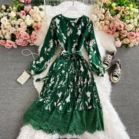 YuooMuoo Women Dress Spring and Autumn Lady Elegant Vintage Floral Print Lace Patchwork Pleated Long Dress with Belt Party Robes
