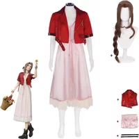 Game Final Fantasy VII Remake Aerith Gainsborough Cosplay Costume Red Coat Pink Dress Wig Woman Sexy Carnival Christmas Suit