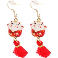 1 Pair Ceramic Luck Cat Earrings Dangle Tassel Eardrops Fortune Cat Ear Jewelry Hook Earrings For Traditional Chinese New Year