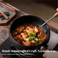 Hand Hammered Wok Wooden Handle Uncoated Iron Wok Deep Bowl Stir-Fry Pan Rust Resistant Large Stir Frying Pan Lightweight Design