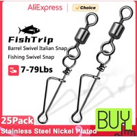 FishTrip 25pcs Fishing Rolling Swivel Italian Snap Barrel Swivel Snap Nickel Plated Quick Change Lure Connector Coastlock Clip