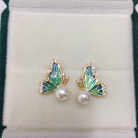 ZHBORUINI High Color Retention Natural Freshwater Pearl Earrings Enamel Butterfly Pearl Earrings S925 Silver Ear Needles Jewelry