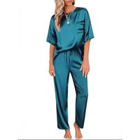 Two piece set of women's solid color satin pajamas and home clothes, short sleeved pants, loose and casual outdoor home clothes