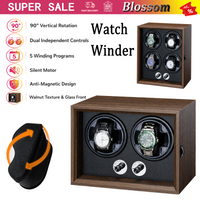 Uhrenbeweger BLOSSOM 2 Fächer für Automatikuhren, 90° vertikale Rotation, zwei Regler, leiser Motor, antimagnetisch, 5 Aufzugsmodi, blaues LED-Licht, Nussbaum-Optik, Luxus-Geschenkbox