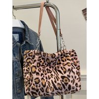 Plush Shoulder Underarm Handbag Women Leopard Tote Bags Lady Luxury Fluffy Shoulder Bag Chain Large Capacity Commuter Handle Bag