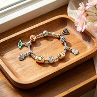 Star Wars Mandalorian Charm Bracelet - Baby Yoda Grogu, C-3PO, R2-D2 & Stormtrooper Beads, Silver Plated, Fan Jewelry Gift