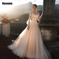 Customized Light Champagne Wedding Dress Puffy Full Sleeves Glitter Applique Tulle Lace Open Back Bride Dresses robe de mariรฉe