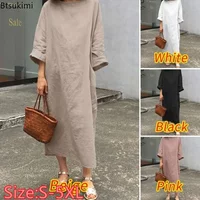 2026 Literature Casual Dress for Women Fashion Solid O-neck Long-sleeved Cotton Linen Maxi Dress Women Loose Dress Plus Size 5XL